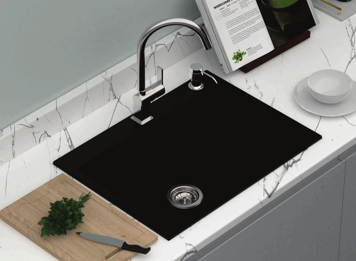 Carysil Black Single Bowl Granite Stone Kitchen Sink Top/Under Mount 680 x 500 x 220mm