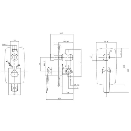Bellino Wall Mixer Diverter - Brushed Gun Metal Technical Drawing