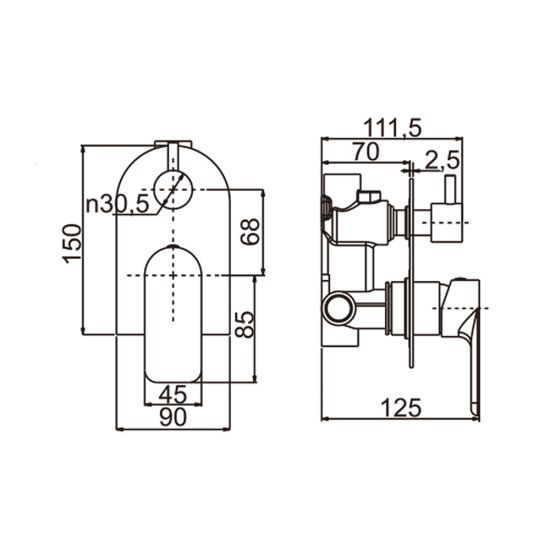 Persano Bath Shower Wall Mixer With Diverter - Matte Black Technical Drawing