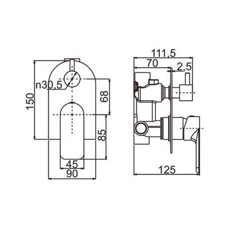 Persano Bath Shower Wall Mixer With Diverter - Matte Black Technical Drawing