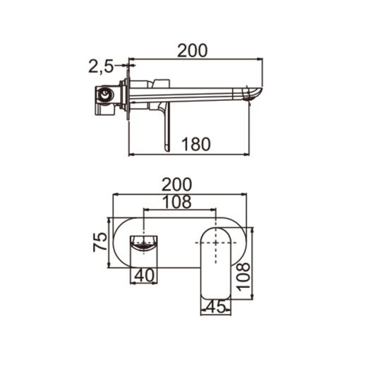 Persano Bathtub Basin Wall Mixer With Spout - Matte Black Technical Drawing